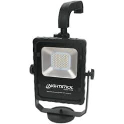 Portable black LED work light with a hook and adjustable mount.
