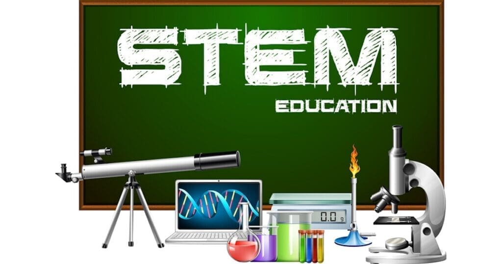 STEM education tools including telescope, DNA model, microscope, and lab equipment on a green background.