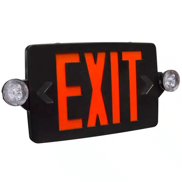 Illuminated EXIT sign with emergency lights on both sides.