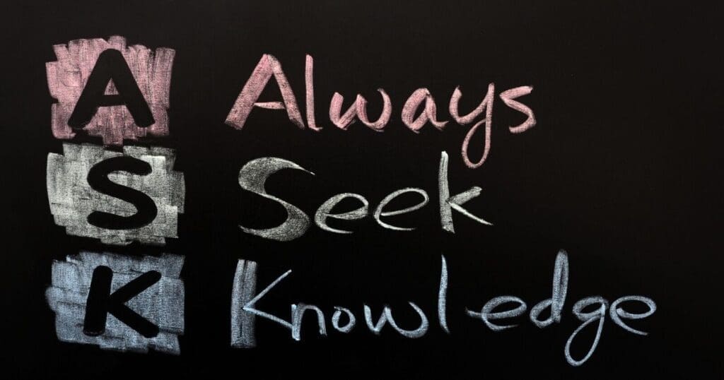 Chalkboard with the inspirational message 'Always Seek Knowledge'.