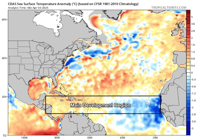 2025 Atlantic hurricane season probability map of storm development