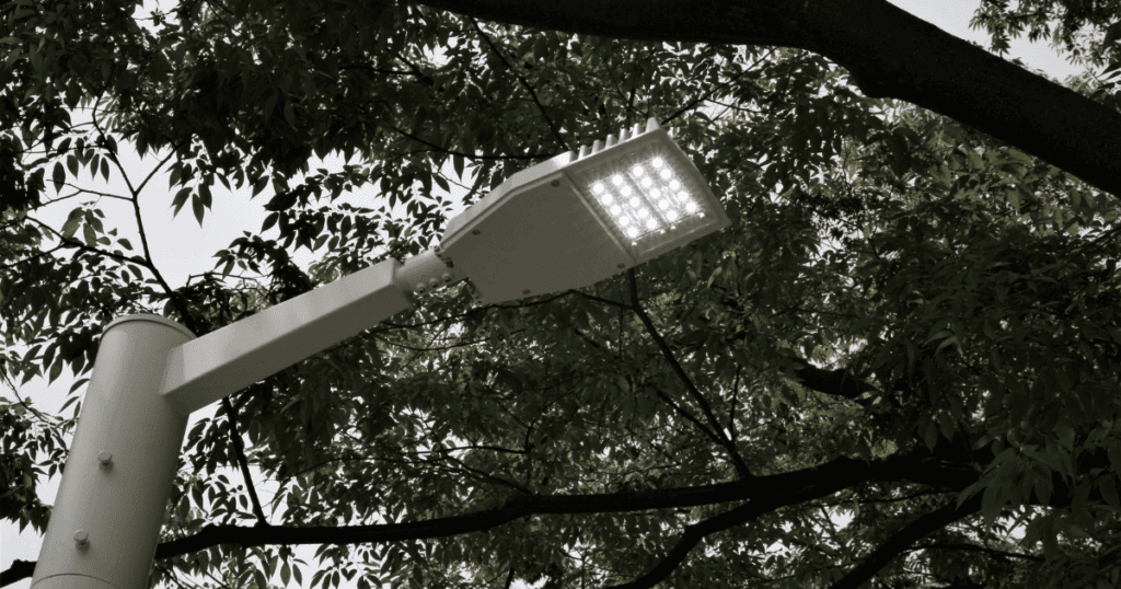Modern LED area lighting fixtures mounted on poles, providing bright and even light coverage.