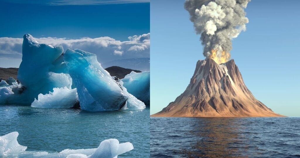 Melting Glaciers and Volcanoes. Icebergs and erupting volcano billowing fire and smoke.