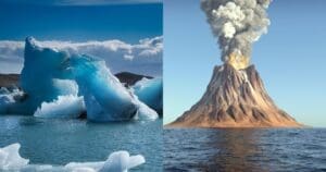 Melting Glaciers and Volcanoes. Icebergs and erupting volcano billowing fire and smoke.