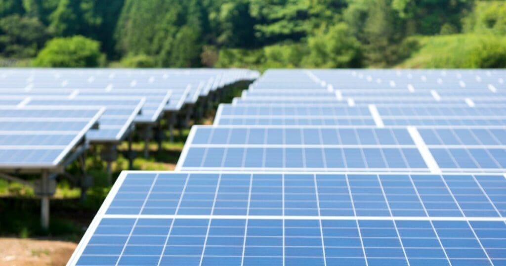 Solar Power Global Expansion. Image of solar array illuminated by bright sunshine.