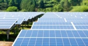 Solar Power Global Expansion. Image of solar array illuminated by bright sunshine.