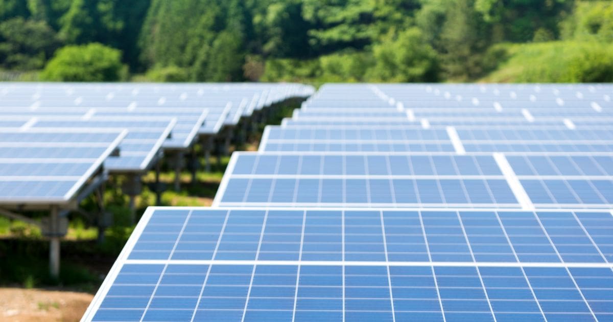 Solar Power Global Expansion. Image of solar array illuminated by bright sunshine.