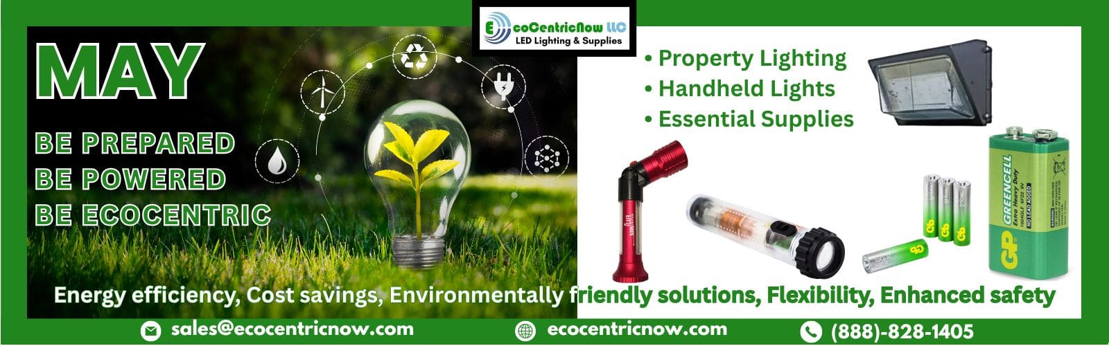 May hero banner showing a selection of EcoCentricNow offered handheld and property LED lighting products.