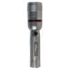 Medium size security flashlight. Silver color textured aluminum body. Black push button switch. Red LED location ring.
