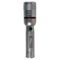 Medium size security flashlight. Silver color textured aluminum body. Black push button switch. Red LED location ring.