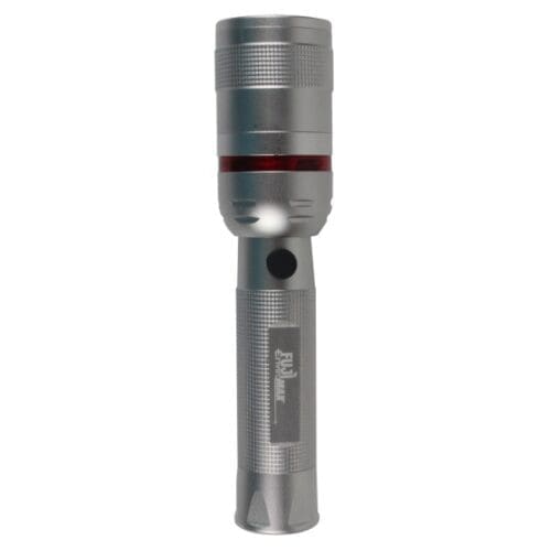 Medium size security flashlight. Silver color textured aluminum body. Black push button switch. Red LED location ring.