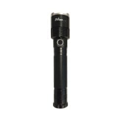Professional Security Flashlight 129 Black 10-inch textured body with silver bezel ring and round push button black switch.