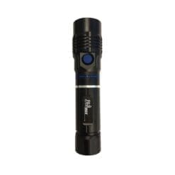 LED Emergency Light 130 Black 6-inch flashlight with blue push button switch and silver accent ring.