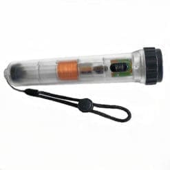 Shake Light 40-B Flashlight. Clear housing showing magnet and coil. Lanyard attached.