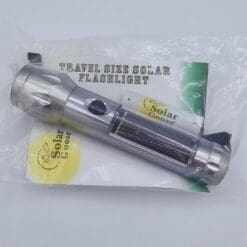 Fusion Solar Flashlight packaging containing one aluminum solar panel flashlight and one AA rechargeable NiMH battery.