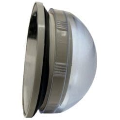 Silver dome-shaped outdoor light fixture with a black mounting plate.