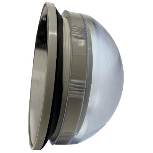 Silver dome-shaped outdoor light fixture with a black mounting plate.