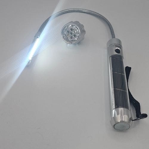 Ultimate Solar Flashlight showing operating Flex Tube. Flood light shown as accessory.