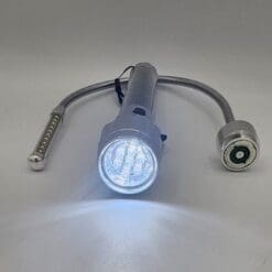 Ultimate Solar Flashlight showing operating LED Flood attachment. Flex light attachment also shown.