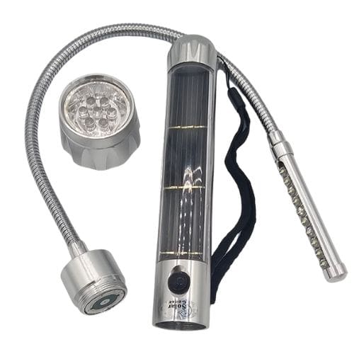 Ultimate Solar Flashlight F7-FL15 showing LED Flex tube light and 7-LED Floodlight