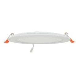 LED Flat panel light in vertical position showing retainer wings for can-less installation