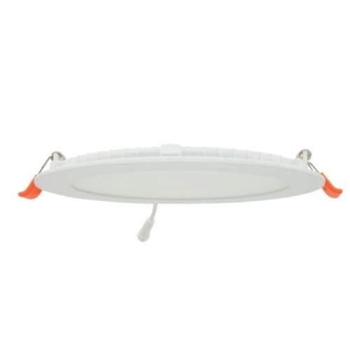 LED Flat panel light in vertical position showing retainer wings for can-less installation