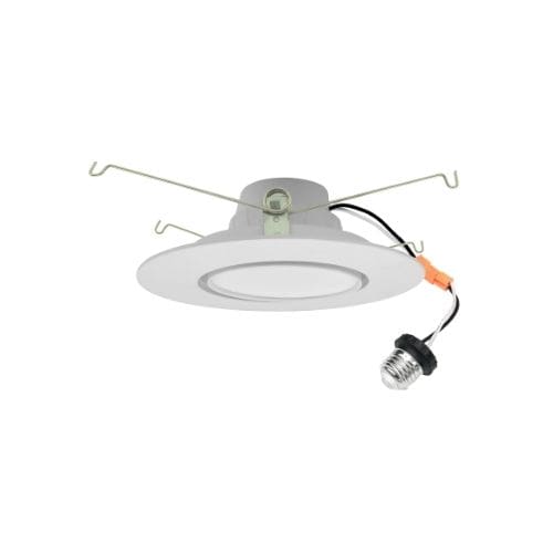 White recessed LED ceiling light with mounting clips and wiring attached.