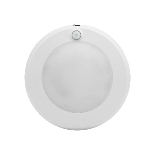 Surface Mount Light DK-OS Ceiling Light. White housing with PIR sensor. Lens view.